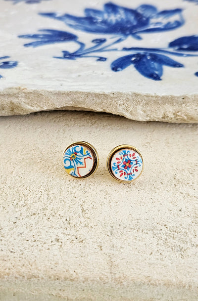 Round Small Tile Gold Earring Portugal Mismatched Antique Tile Stud Post Portuguese Azulejo Stainless Steel Travel Handmade Jewelry Gift