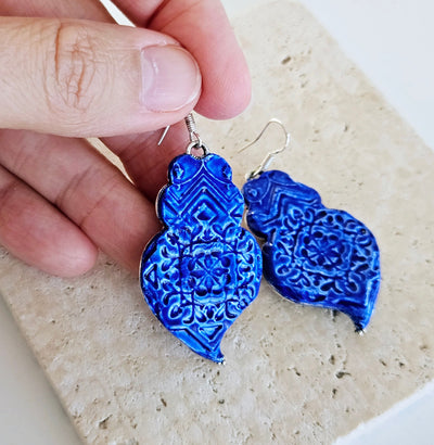 Portuguese Viana Heart Earring Royal Blue Ceramic Clay Silver Filigree Azulejo Tile Portugal Majolica Tile Heart Earring Heritage Pottery