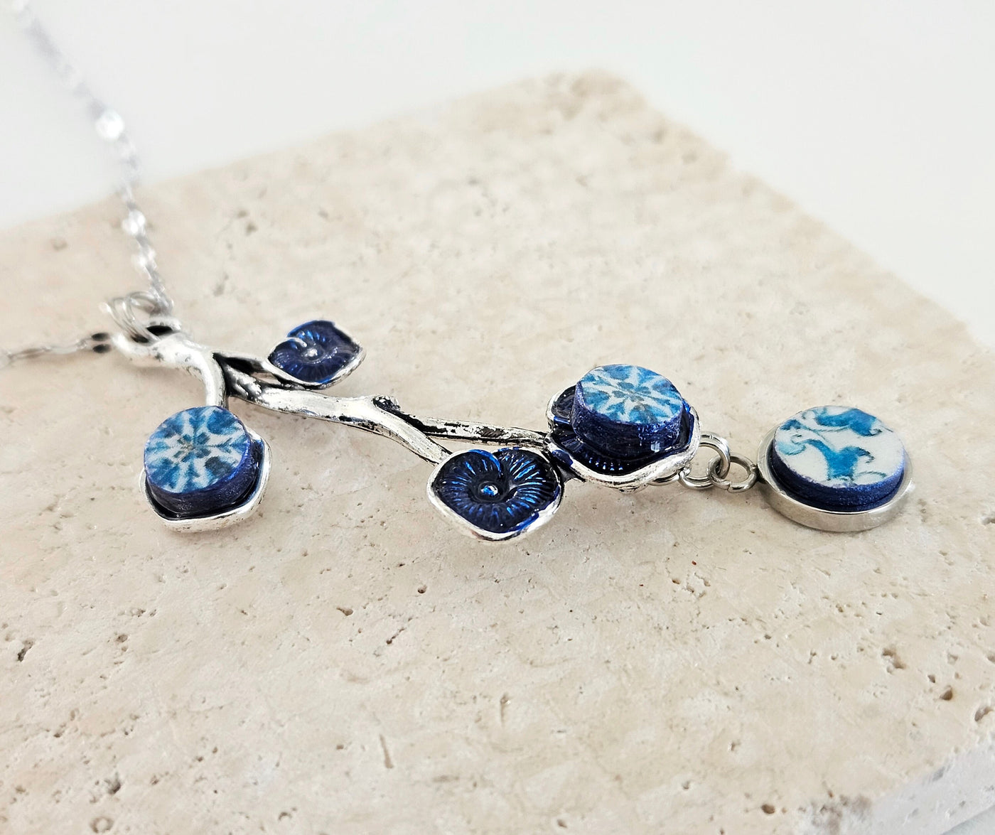 Portugal Antique BLUE Tile SILVER Branch Azulejo Necklace Lariat Tile Pendant Handmade Jewelry Vintage Round Small Tile Necklace Woman Gift