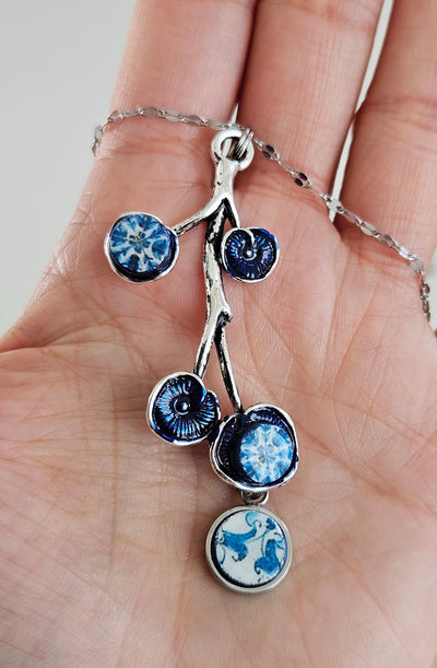 Portugal Antique BLUE Tile SILVER Branch Azulejo Necklace Lariat Tile Pendant Handmade Jewelry Vintage Round Small Tile Necklace Woman Gift