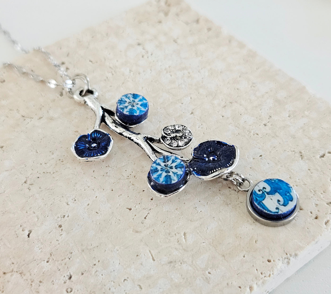 Portugal Antique BLUE Tile SILVER Branch Azulejo Necklace Lariat Tile Pendant Handmade Jewelry Vintage Round Small Tile Necklace Woman Gift