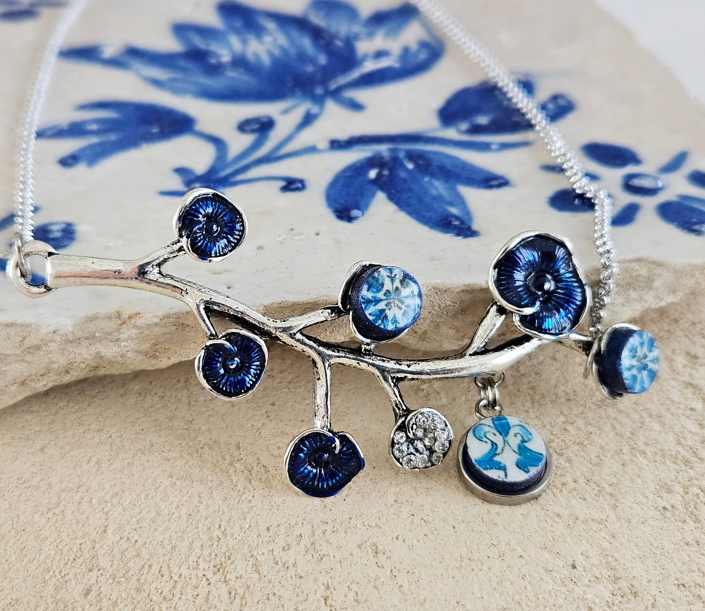 Portugal BLUE Antique Tile SILVER Branch Azulejo Necklace Lariat Tile Pendant Handmade Jewelry Vintage Round Small Tile Necklace Woman Gift