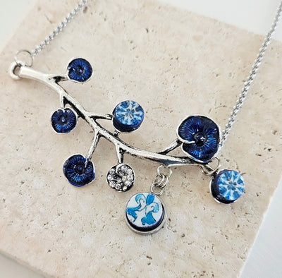 Portugal BLUE Antique Tile SILVER Branch Azulejo Necklace Lariat Tile Pendant Handmade Jewelry Vintage Round Small Tile Necklace Woman Gift