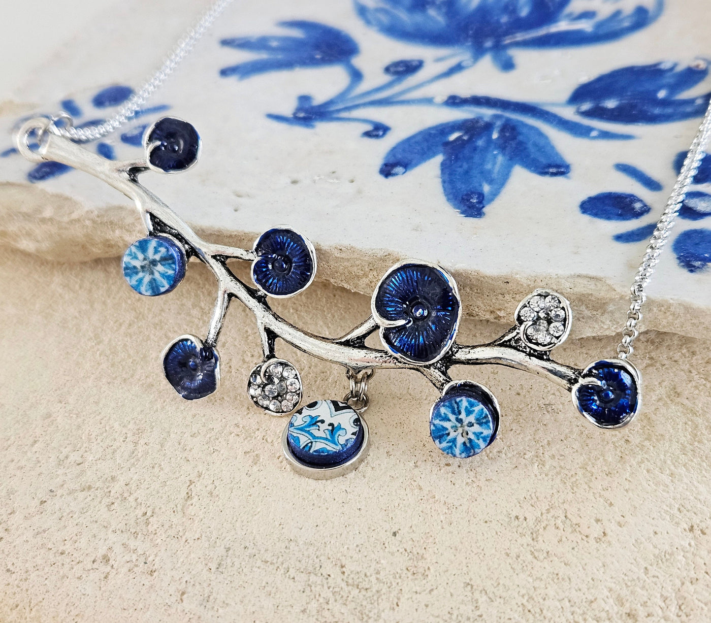 BLUE Portugal Antique Tile SILVER Branch Azulejo Necklace Lariat Tile Pendant Handmade Jewelry Vintage Round Small Tile Necklace Woman Gift