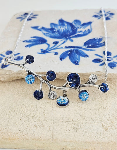 BLUE Portugal Antique Tile SILVER Branch Azulejo Necklace Lariat Tile Pendant Handmade Jewelry Vintage Round Small Tile Necklace Woman Gift