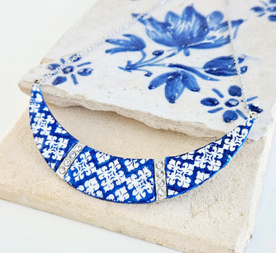 BLUE Portugal Antique Tile SILVER Choker Azulejo Necklace Ceramic Clay Tile Pendant Handmade Jewelry Pottery Tile Necklace Woman Gift