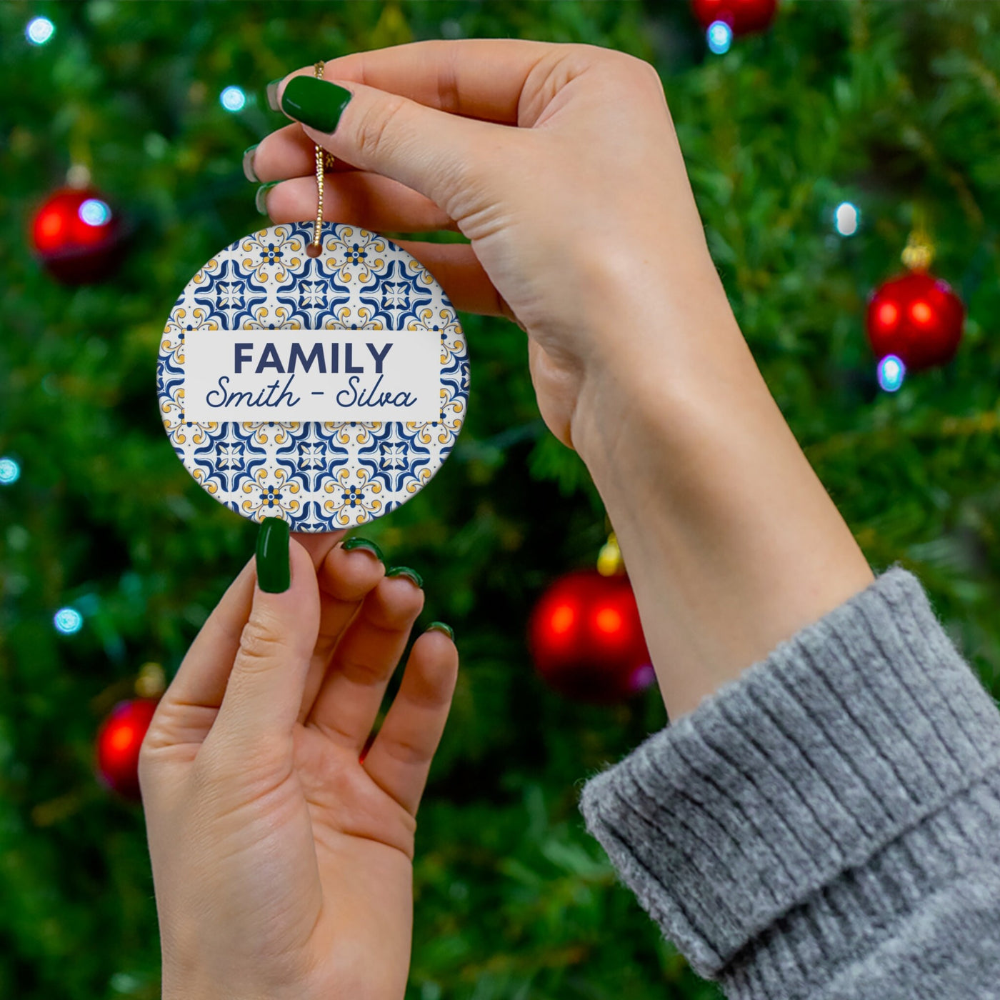 Ceramic Family Name Ornament Personalized Portugal Christmas Tree Ornament Blue Yellow Tile Azulejo Family Gift Home Decor Custom Present