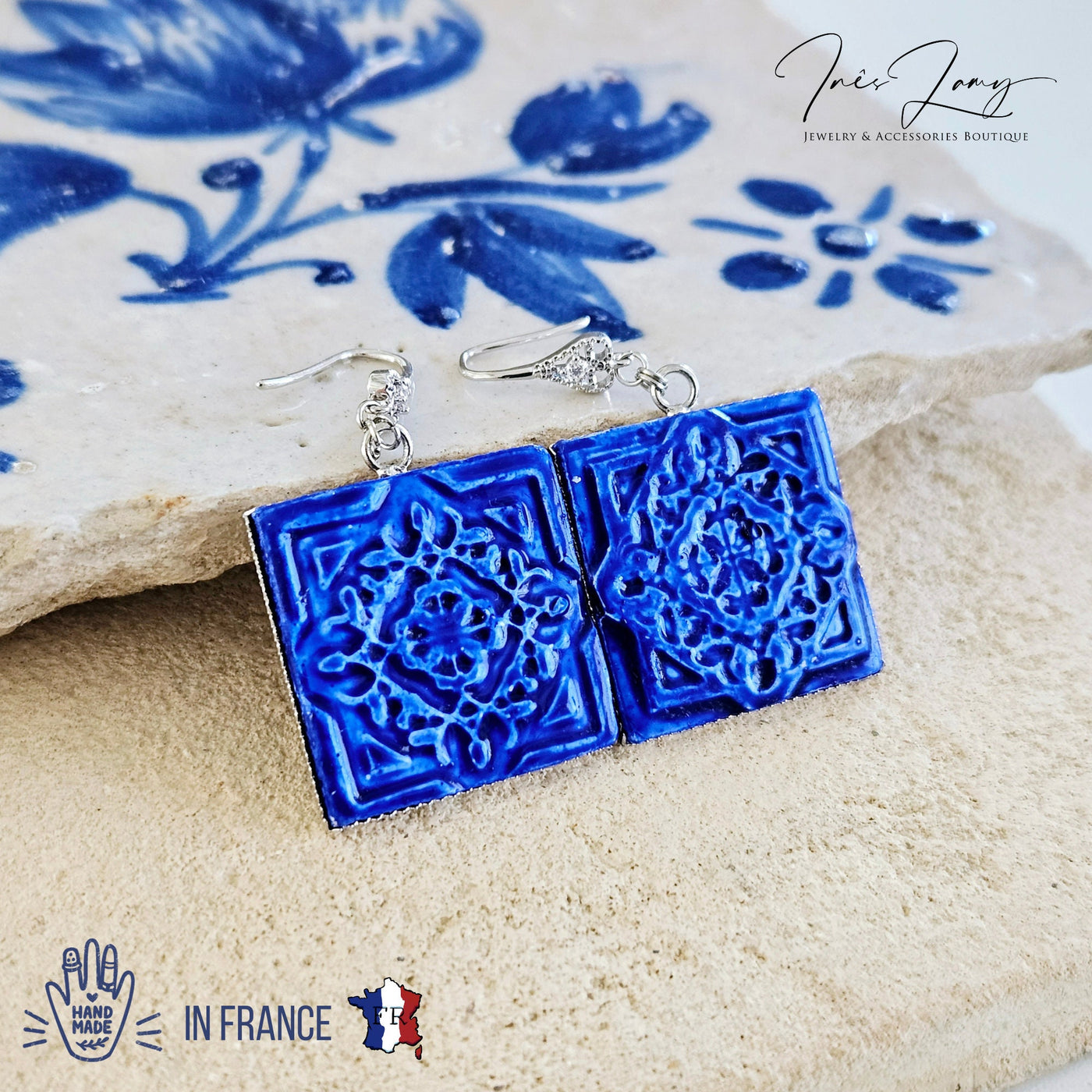 Blue Ceramic Portuguese Tile Earring Azulejo Clay Earring Portugal Jewelry Royal Blue Square Tile Drop Earring Ceramic Pottery Lightweight