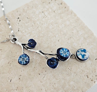 Portugal Antique BLUE Tile SILVER Branch Azulejo Necklace Lariat Tile Pendant Handmade Jewelry Vintage Round Small Tile Necklace Woman Gift