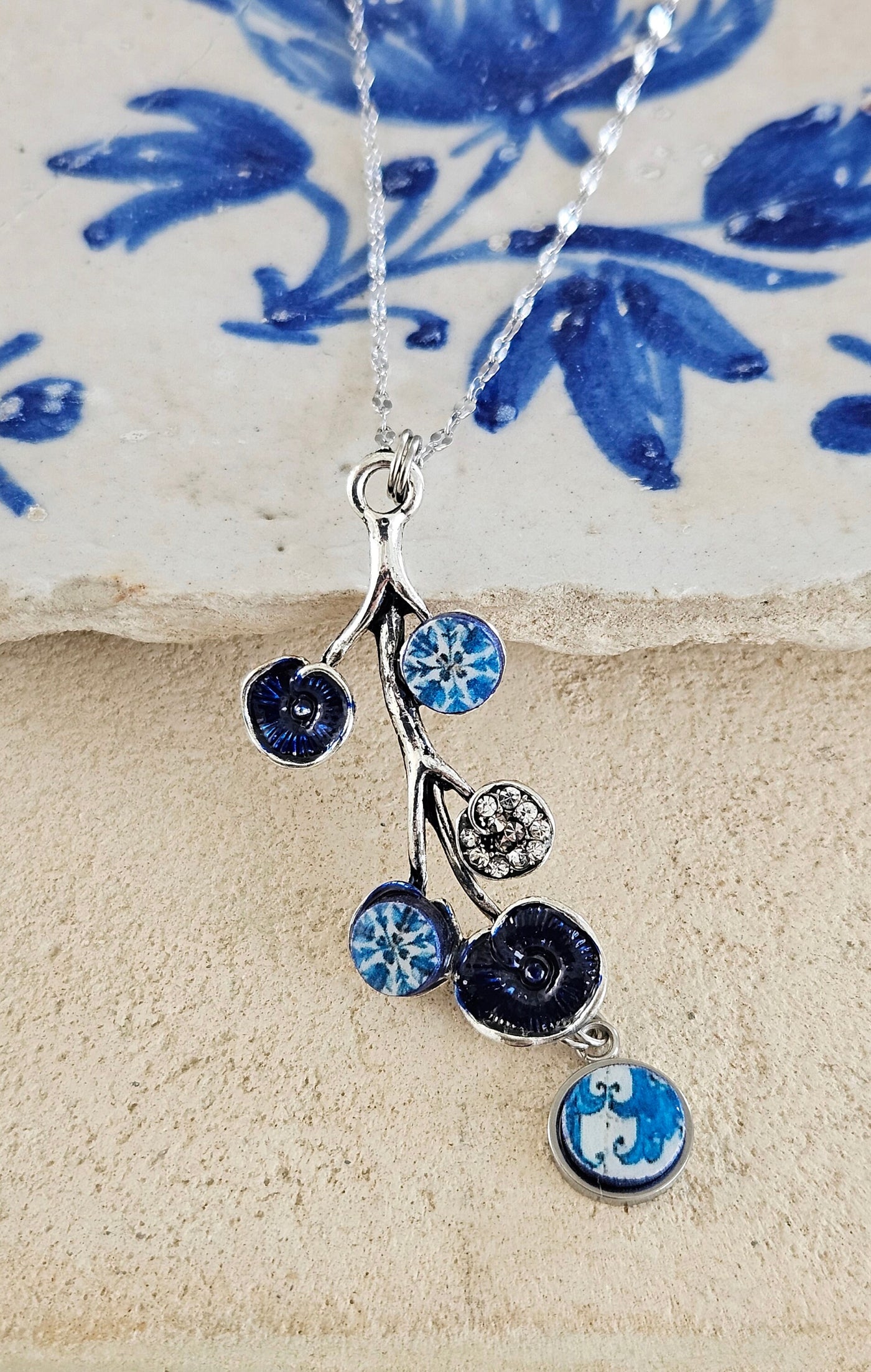 Portugal Antique BLUE Tile SILVER Branch Azulejo Necklace Lariat Tile Pendant Handmade Jewelry Vintage Round Small Tile Necklace Woman Gift