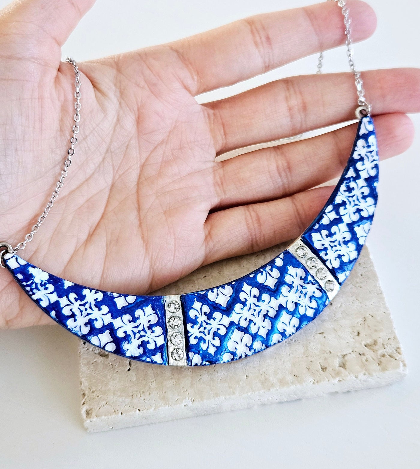 BLUE Portugal Antique Tile SILVER Choker Azulejo Necklace Ceramic Clay Tile Pendant Handmade Jewelry Pottery Tile Necklace Woman Gift