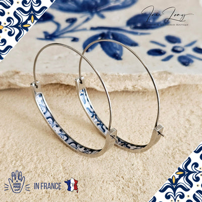 Blue HOOP Tile Earring Portugal Lightweight STEEL Azulejo Hoop Historical Jewelry Gift Women Portuguese Tile Majolica Antique Earring Silver