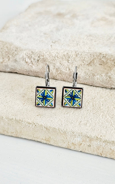 Majolica Azulejo Earring Tile Stainless STEEL Drop Earring Square Geometric Earring Gift Blue Yellow Caltagirone Tile Earring Silver Gold