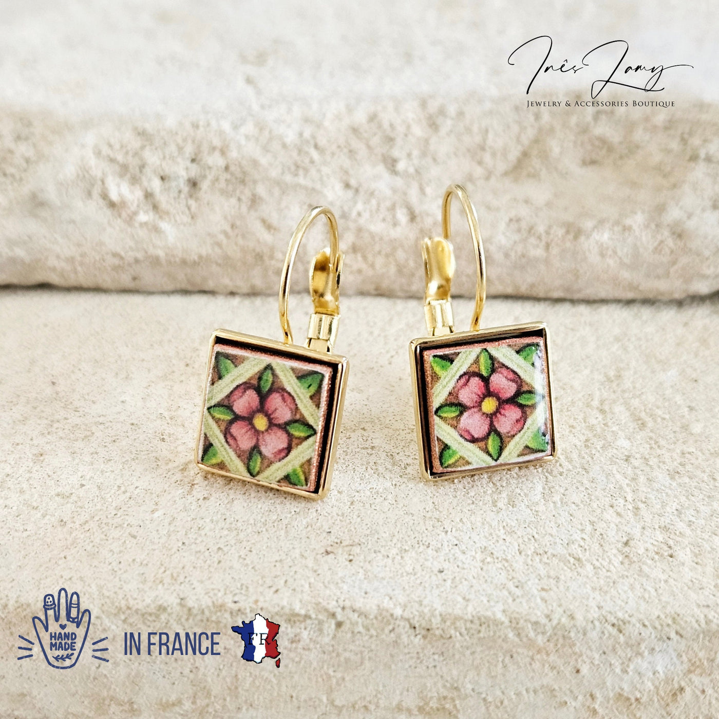 Majolica Azulejo Earring Pink Tile Gold STEEL Drop Earring Square Geometric Earring Gift Caltagirone Green Tile Earring Silver Gold