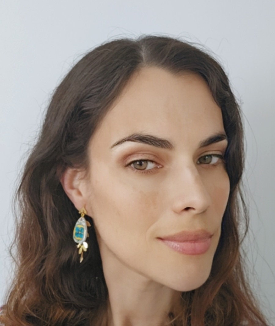 Italian Mother Pearl Tile Teardrop Caltagirone Capri Tile Earring Italian Majolica Earring Dangle Gold Tile Earring Boho Ethnic Sicilian