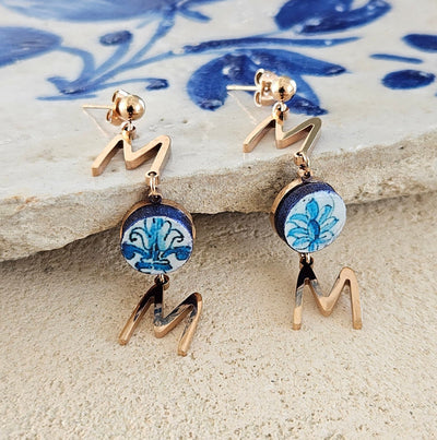 Portugal Rose Gold STEEL MOM Drop Earring Classical Portuguese Tile Earring Rose Gold Blue Small Round Tile Stud Portuguese Mom Gift