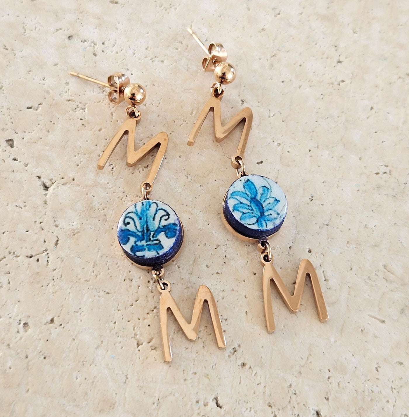 Portugal Rose Gold STEEL MOM Drop Earring Classical Portuguese Tile Earring Rose Gold Blue Small Round Tile Stud Portuguese Mom Gift