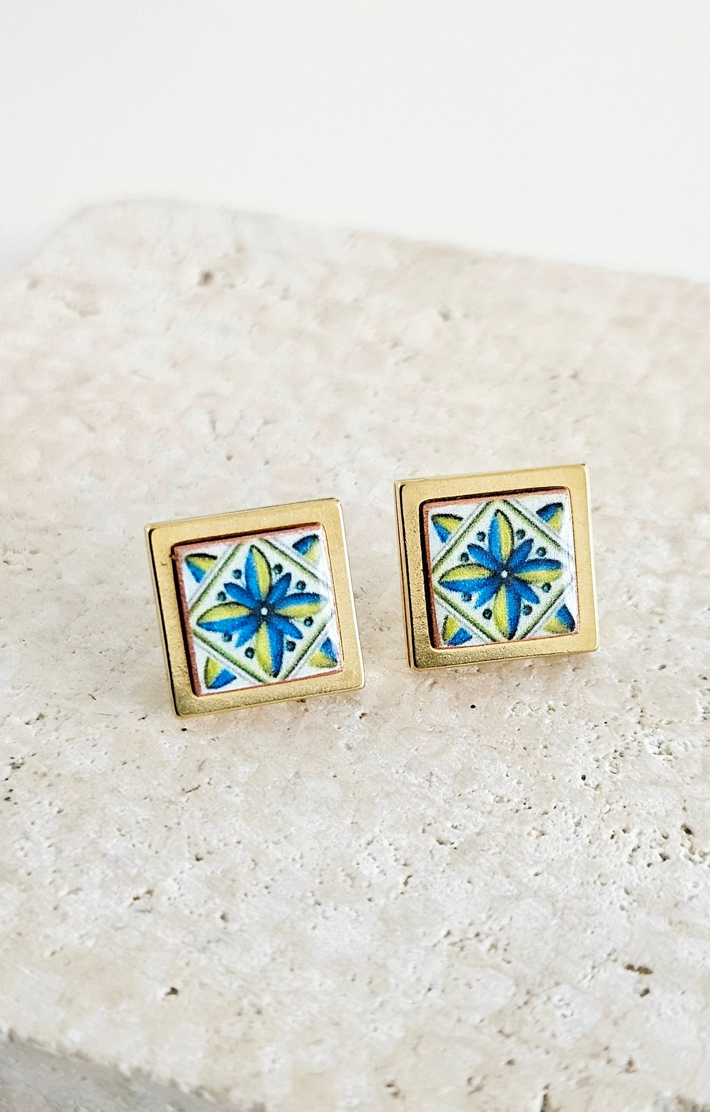 Majolica Azulejo Earring Tile Stainless STEEL Stud Earring Square Geometric Earring Gift Rose Gold Caltagirone Tile Earring Silver Gold