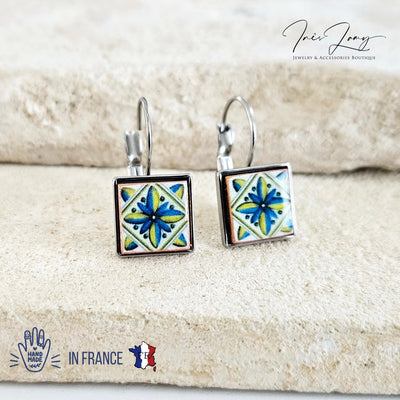 Majolica Azulejo Earring Tile Stainless STEEL Drop Earring Square Geometric Earring Gift Blue Yellow Caltagirone Tile Earring Silver Gold