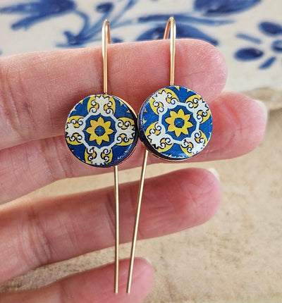 Portugal Round Tile Drop Earrings Gold STEEL Thread Tile Earrings Blue Yellow Antique Tiles Minimalist Earrings Simple Vintage Gold Tile