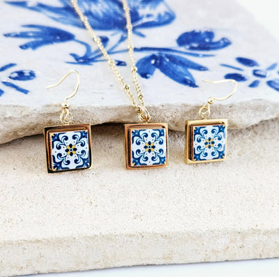 Portugal Azulejo GOLD Jewelry Gift Set Tile Pendant Earring Portuguese Blue Yellow Pendant Silver Steel Square Necklace Tile Gift Handmade
