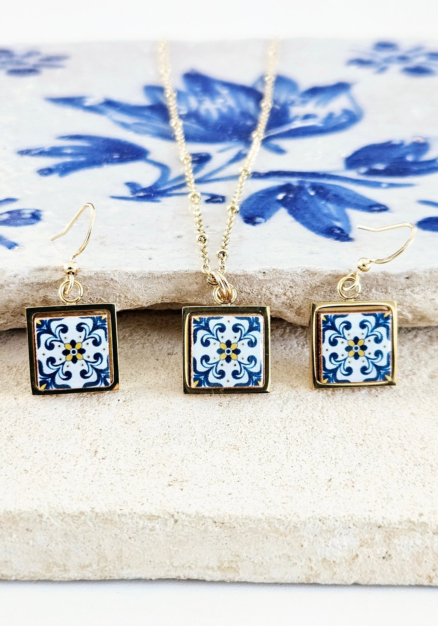 Portugal Azulejo GOLD Jewelry Gift Set Tile Pendant Earring Portuguese Blue Yellow Pendant Silver Steel Square Necklace Tile Gift Handmade