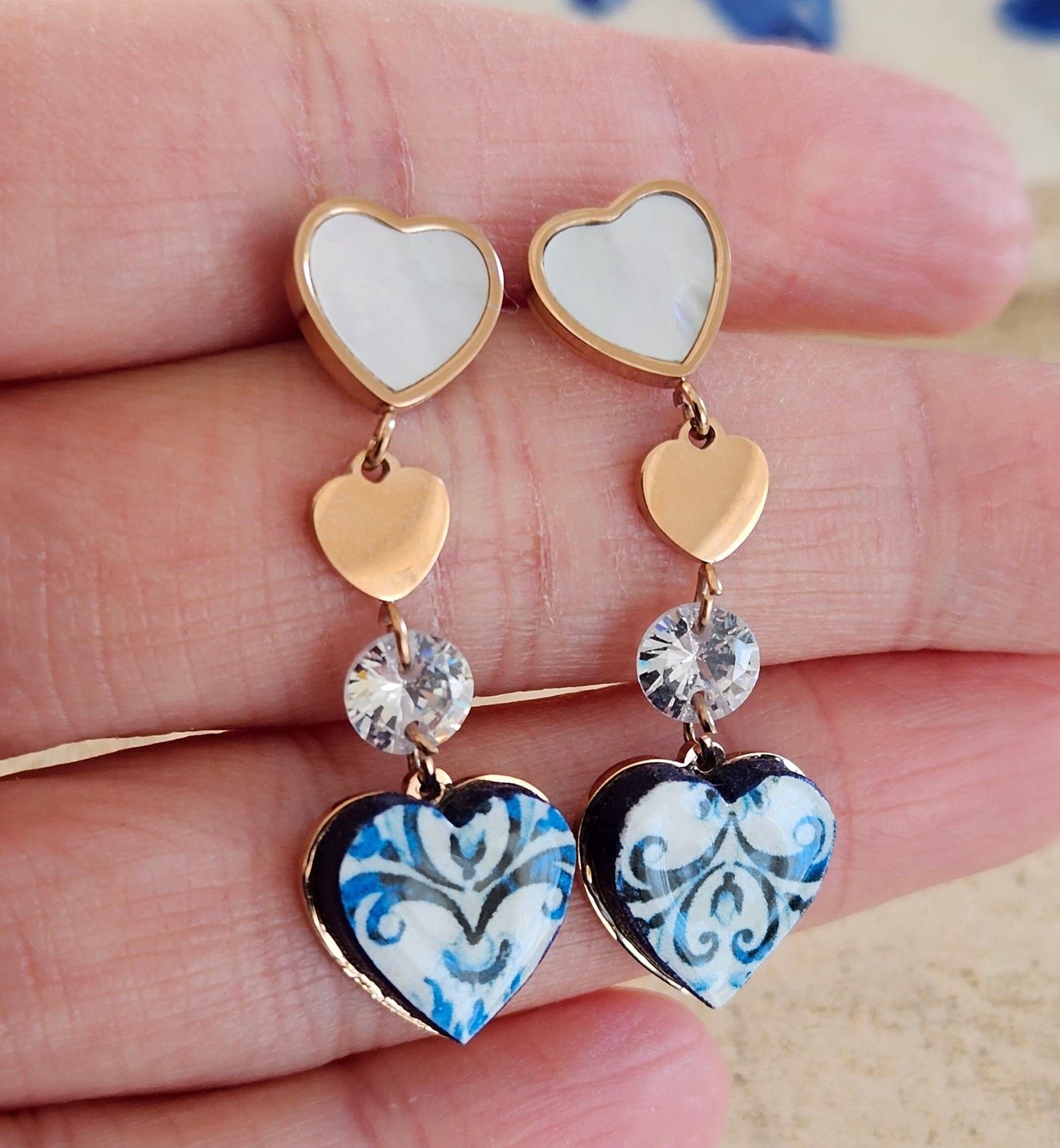 Portuguese Lisbon Tile Rose Gold Heart Drop Stud Mother Pearl Hearts Mismatched Portuguese Tile Earring Chic Long Earrings Stainless Steel