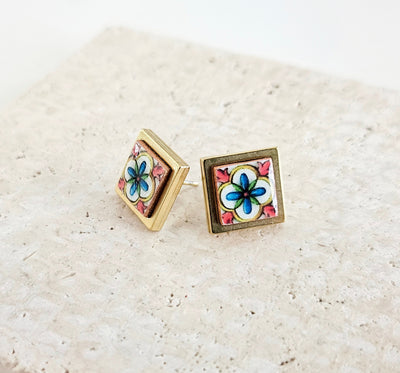 Gold Majolica Azulejo Earring Tile Stainless STEEL Stud Earring Square Geometric Earring Gift Rose Gold Caltagirone Tile Earring Silver Gold