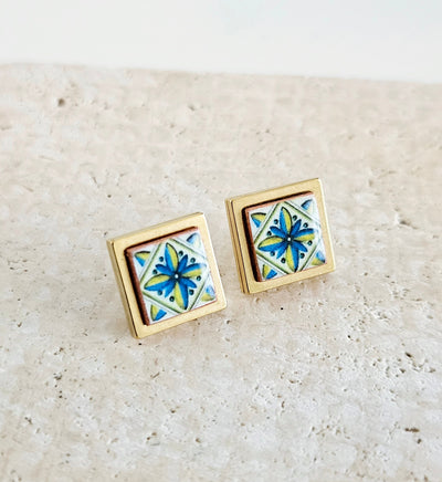 Majolica Azulejo Earring Tile Stainless STEEL Stud Earring Square Geometric Earring Gift Rose Gold Caltagirone Tile Earring Silver Gold
