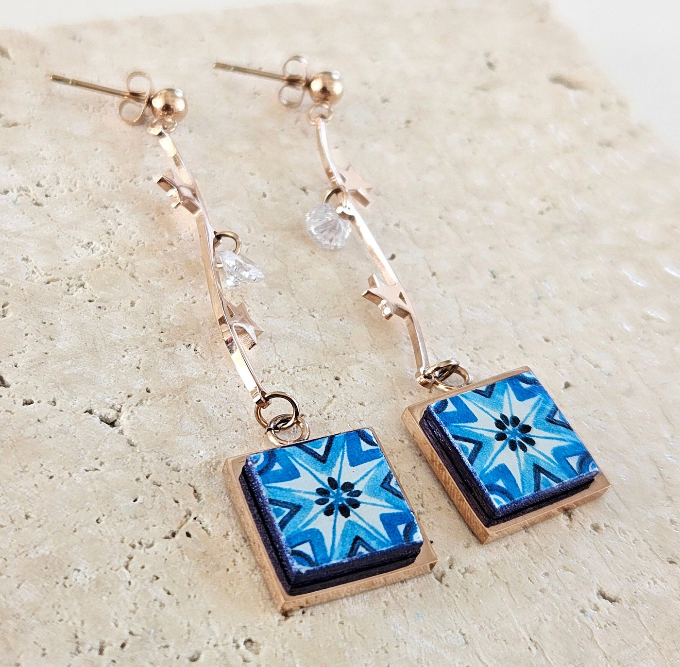 Portugal Tile Earrings Antique Azulejo Drop Earrings Rose Gold Steel Dangle Earrings Majolica Blue Tile Portuguese Dainty Women Jewelry