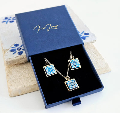 GOLD Jewelry Gift Set Tile Pendant Earring Portuguese Blue White Azulejo Silver Pendant Steel Square Necklace Tile Portugal Gift Handmade