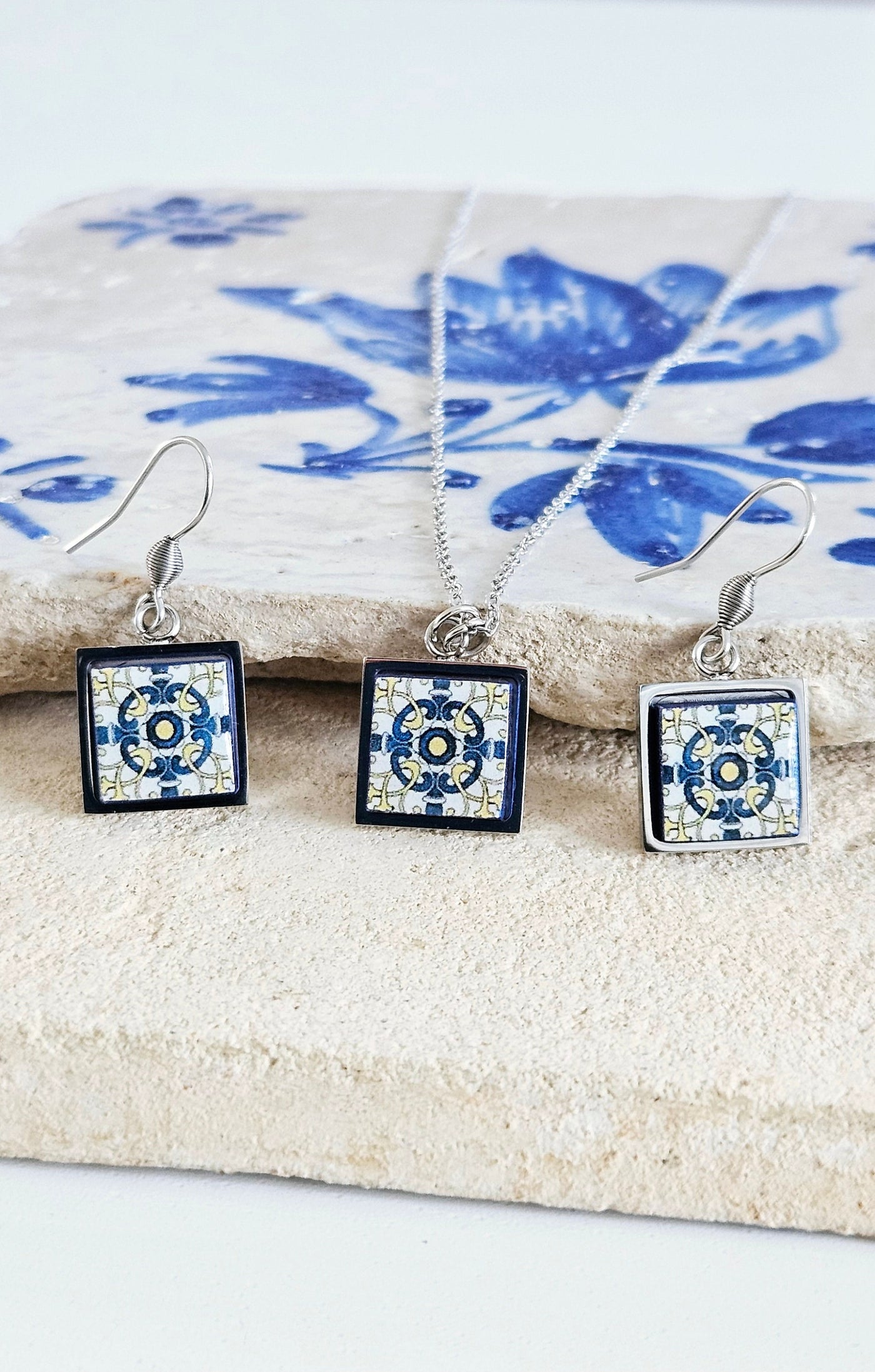 Portugal Tile Azulejo STEEL Jewelry Gift Set Pendant Earring Portuguese Blue Yellow Pendant GOLD Steel Square Necklace Tile Gift Handmade