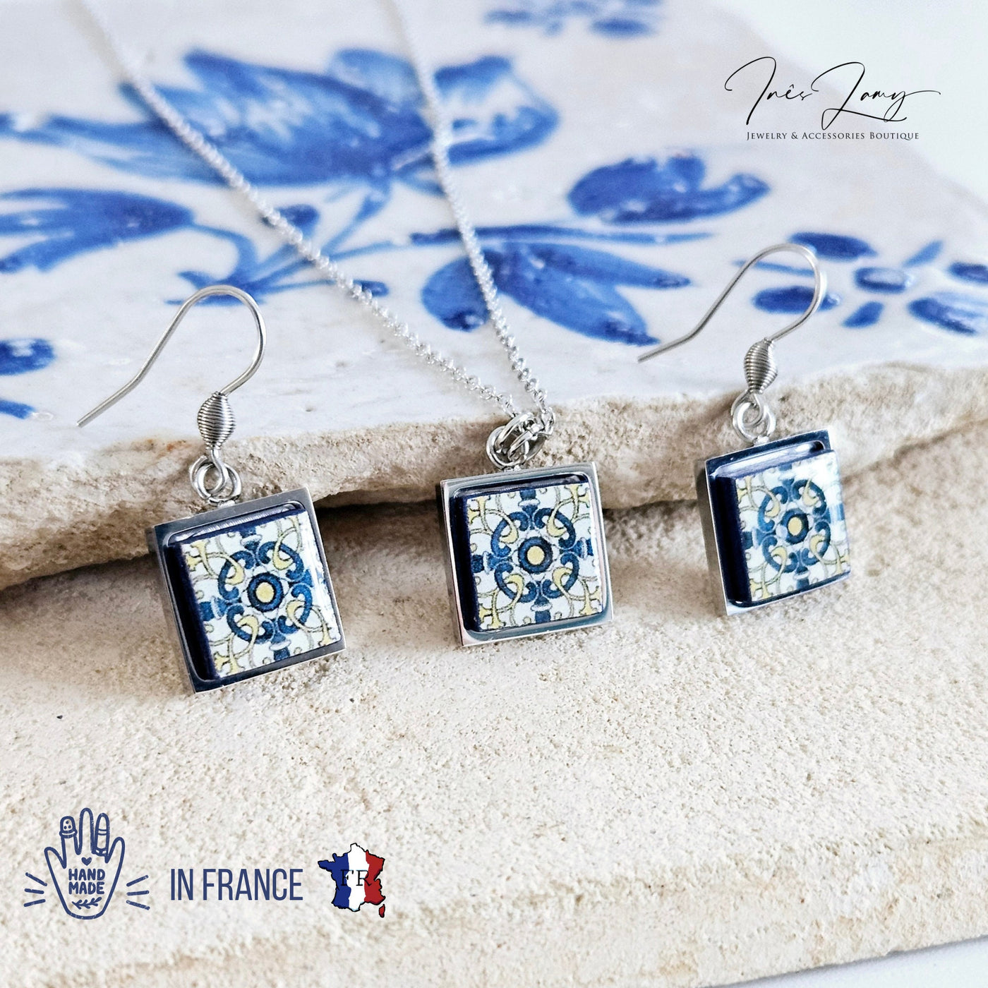 Portugal Tile Azulejo STEEL Jewelry Gift Set Pendant Earring Portuguese Blue Yellow Pendant GOLD Steel Square Necklace Tile Gift Handmade