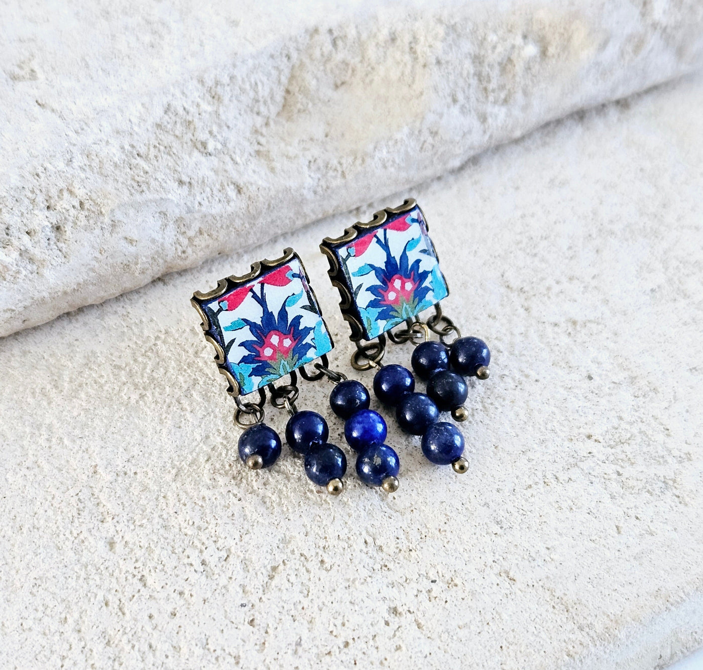 Turkish Tile Blue Red Stud Earring Natural Raw Stone Lapis Lazuli Drop Tile Earring Çini Arabic Persian Tile Earring Beaded Dangle Earring