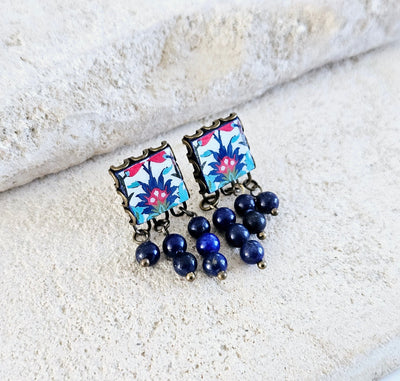 Turkish Tile Blue Red Stud Earring Natural Raw Stone Lapis Lazuli Drop Tile Earring Çini Arabic Persian Tile Earring Beaded Dangle Earring