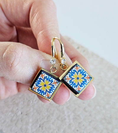 Portugal Azulejo Earring Portuguese Tile Drop Earring Square Geometric Earring Majolica Blue Gold Tile Handmade Jewelry Gift Mom Wife Gift