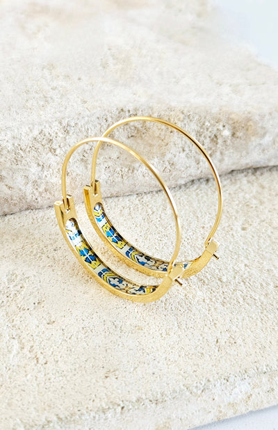 GOLD Flat 1.2'' HOOP Tile Earring Portugal Stainless STEEL Azulejo Delicate Hoop Historic Gold Jewelry Travel Gift Portuguese Handmade Gift
