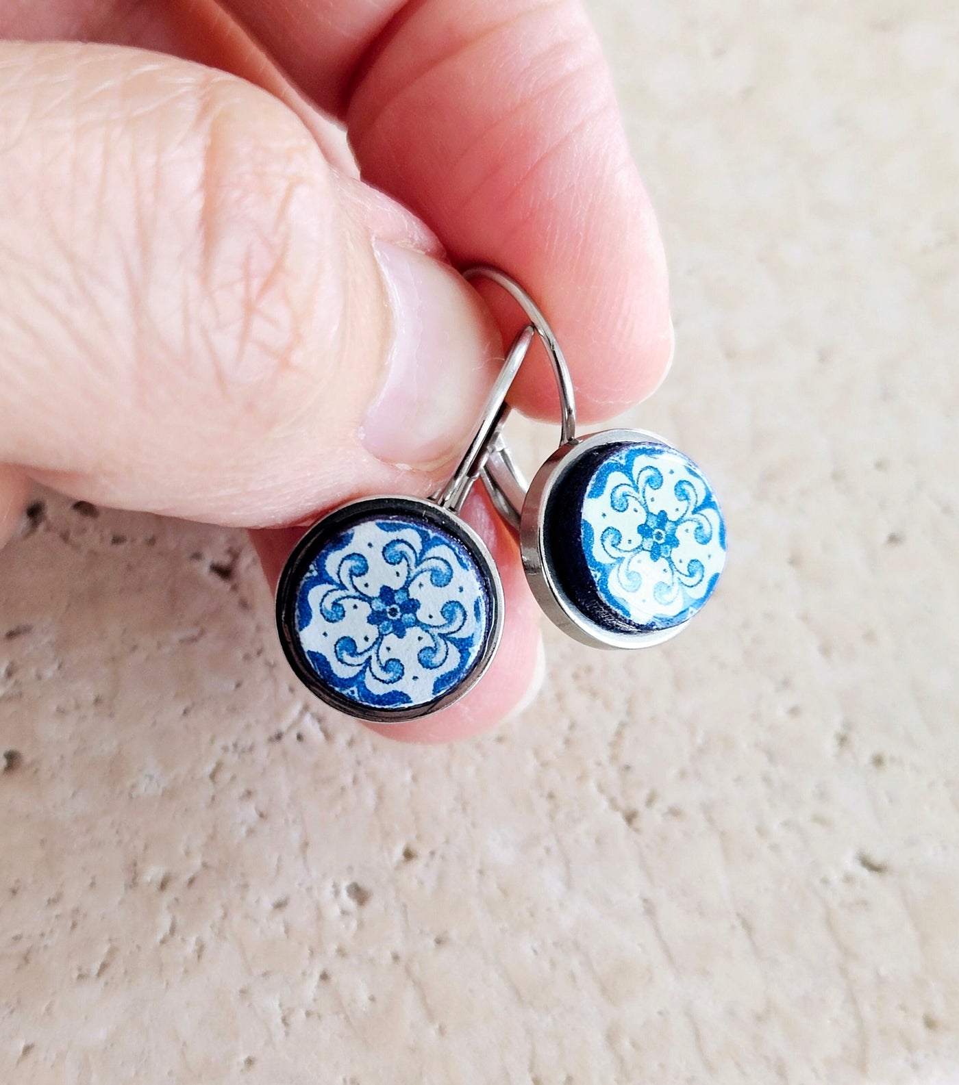 Portugal Blue Azulejo Earring Silver STEEL Portuguese Tile Drop Earring Geometric Earring Majolica Blue Gold Tile Antique Azulejo Earring