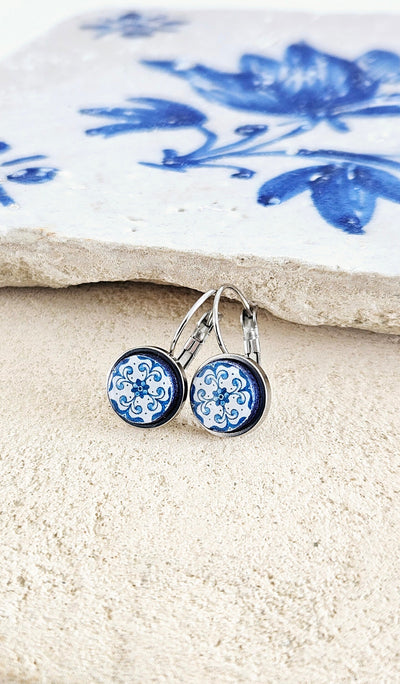 Portugal Blue Azulejo Earring Silver STEEL Portuguese Tile Drop Earring Geometric Earring Majolica Blue Gold Tile Antique Azulejo Earring