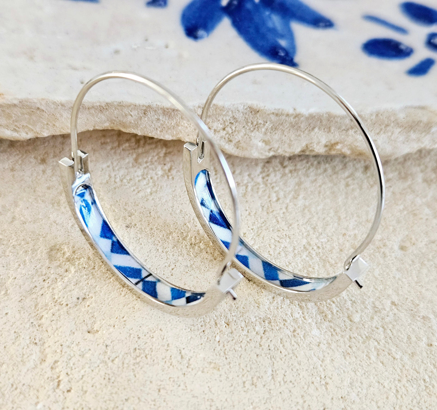Blue Checkered 1.2'' HOOP Tile Earring Portugal Lightweight STEEL Azulejo Gold Hoop Historical Jewelry Anniversary Gift Women Portuguese Mom