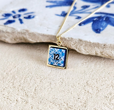 Custom Number Necklace Tile STEEL Silver Gold Rose Gold Charm Personalized Portugal Small Azulejo Tile Birth Month Date Birthday Women Gift