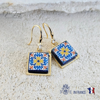 Portugal Azulejo Earring Portuguese Tile Drop Earring Square Geometric Earring Majolica Blue Gold Tile Handmade Jewelry Gift Mom Wife Gift
