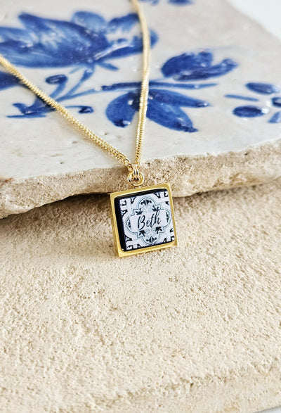 Personalized Name Necklace Portugal Tile Gold Necklace Gift Custom Handmade Script 4 Letter Name Necklace Jewelry Blue White Azulejo Pendant