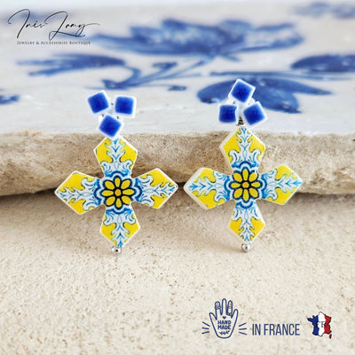 Ceramic Portuguese Tile Cross Earring Azulejo Blue White Yellow Tile Silver Drop Handmade Earring Clay Mother Pearl Earring Portugal Gift