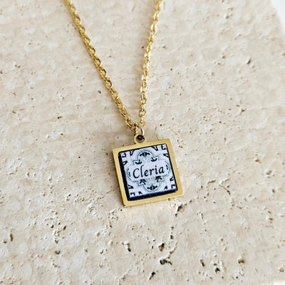 Personalized Name Necklace Portugal Tile Gold Necklace Gift Custom Handmade Script Letter Name Necklace Jewelry Blue White Azulejo Pendant