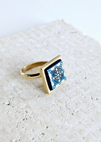 BLUE Portugal Tile GOLD STEEL Ring Portuguese Square Azulejo Ring Antique Adjustable Vintage Majolica Blue White Mosaic Tile Women Ring Gift
