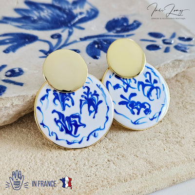 925 Large Blue White GOLD Vermeil Stud Hoop Earring Blue Azulejo Inspired Statement Handmade Gift Enamel Hoop Gift Wife Jewelry for Her
