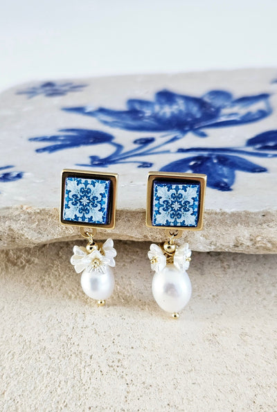 Natural White Pearl Gold STEEL Portugal Tile Earring Square Post Portuguese Antique Tile Azulejo Drop Earring Raw Stone Girlfriend Jewelry