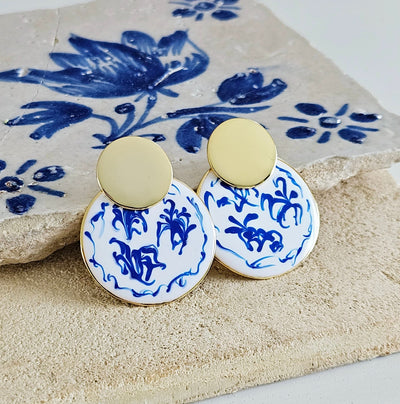 925 Large Blue White GOLD Vermeil Stud Hoop Earring Blue Azulejo Inspired Statement Handmade Gift Enamel Hoop Gift Wife Jewelry for Her