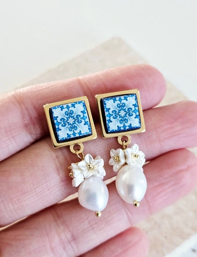 Natural White Pearl Gold STEEL Portugal Tile Earring Square Post Portuguese Antique Tile Azulejo Drop Earring Raw Stone Girlfriend Jewelry